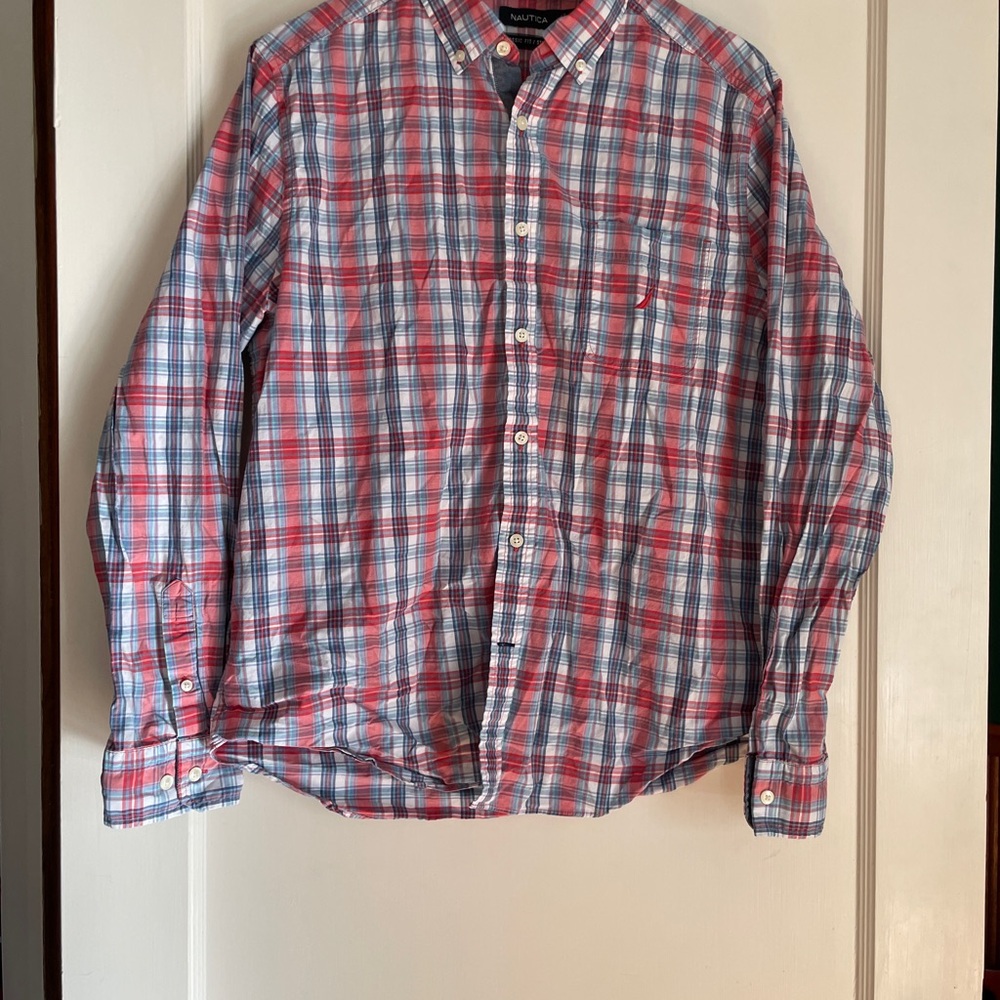 Nautica Men's Casual Red and Blue Checkered Shirt